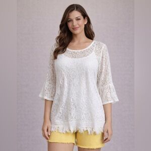 Vision USA White Lace Tunic Top With Half Bell Sleeve